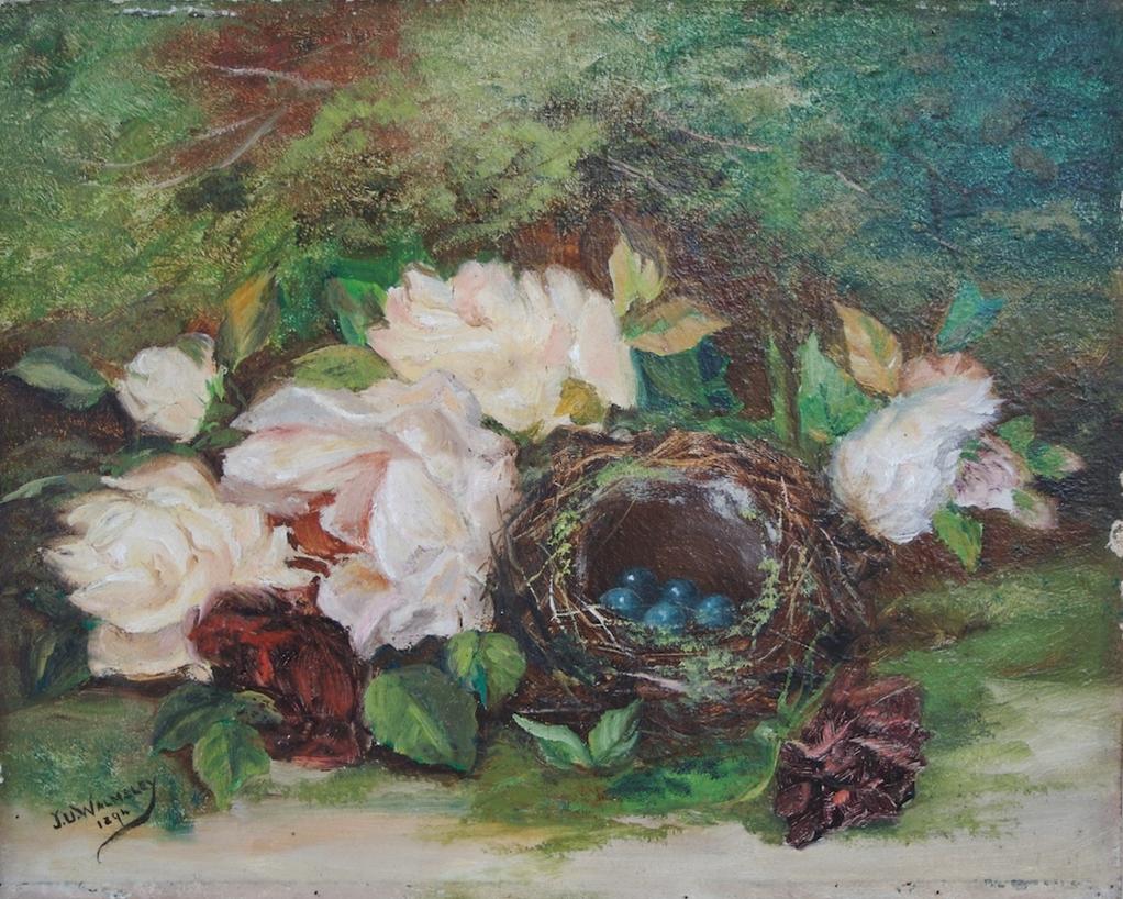 Still life with roses and bird's nest